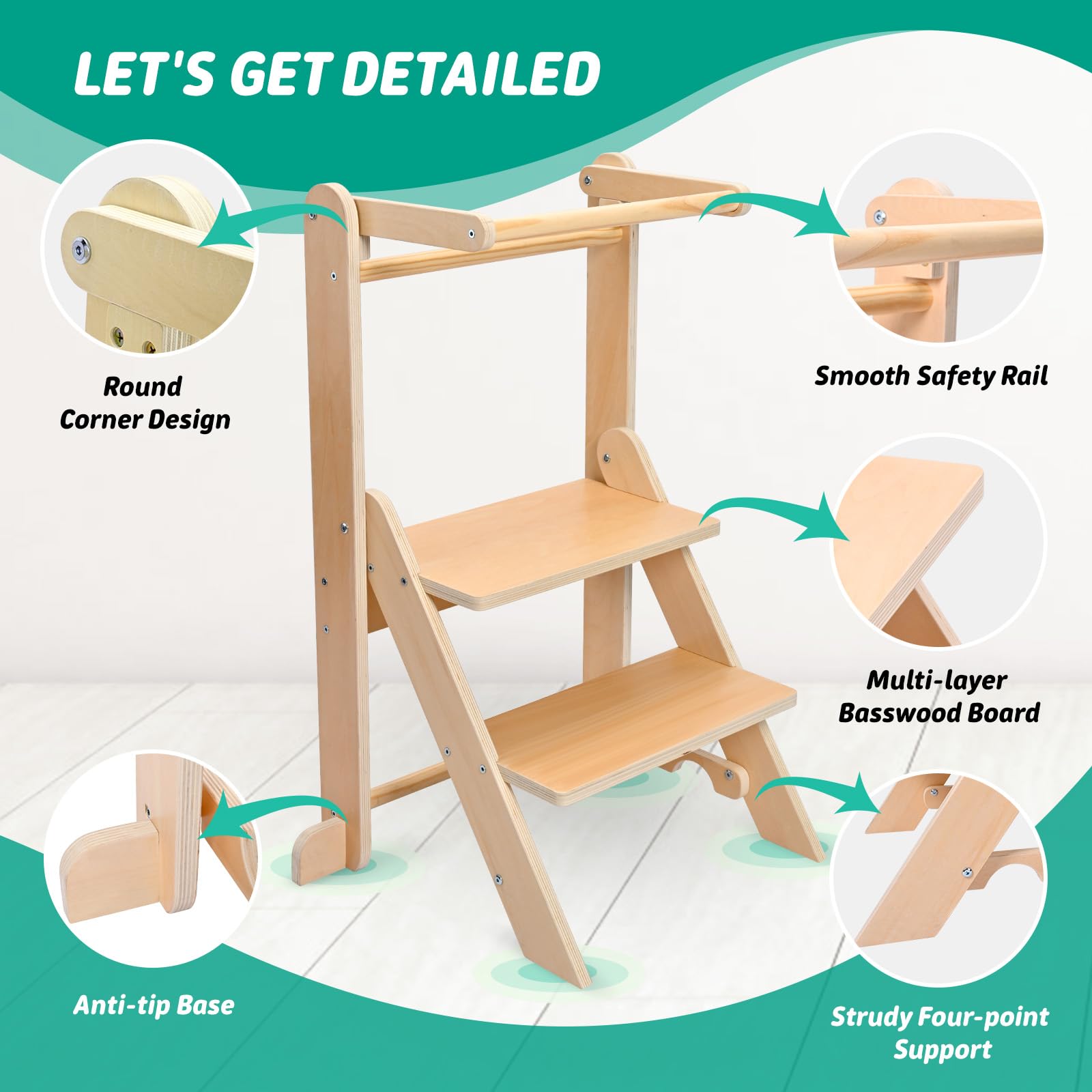 Lernturm ab 1 Jahr, Montessori Lernturm klappbar mit 2-facher Höhenverstellung, Holz Learning Tower Bis 50 kg Belastbar, Toddler Tower Sicherer Tritthocker mit Kippschutz
