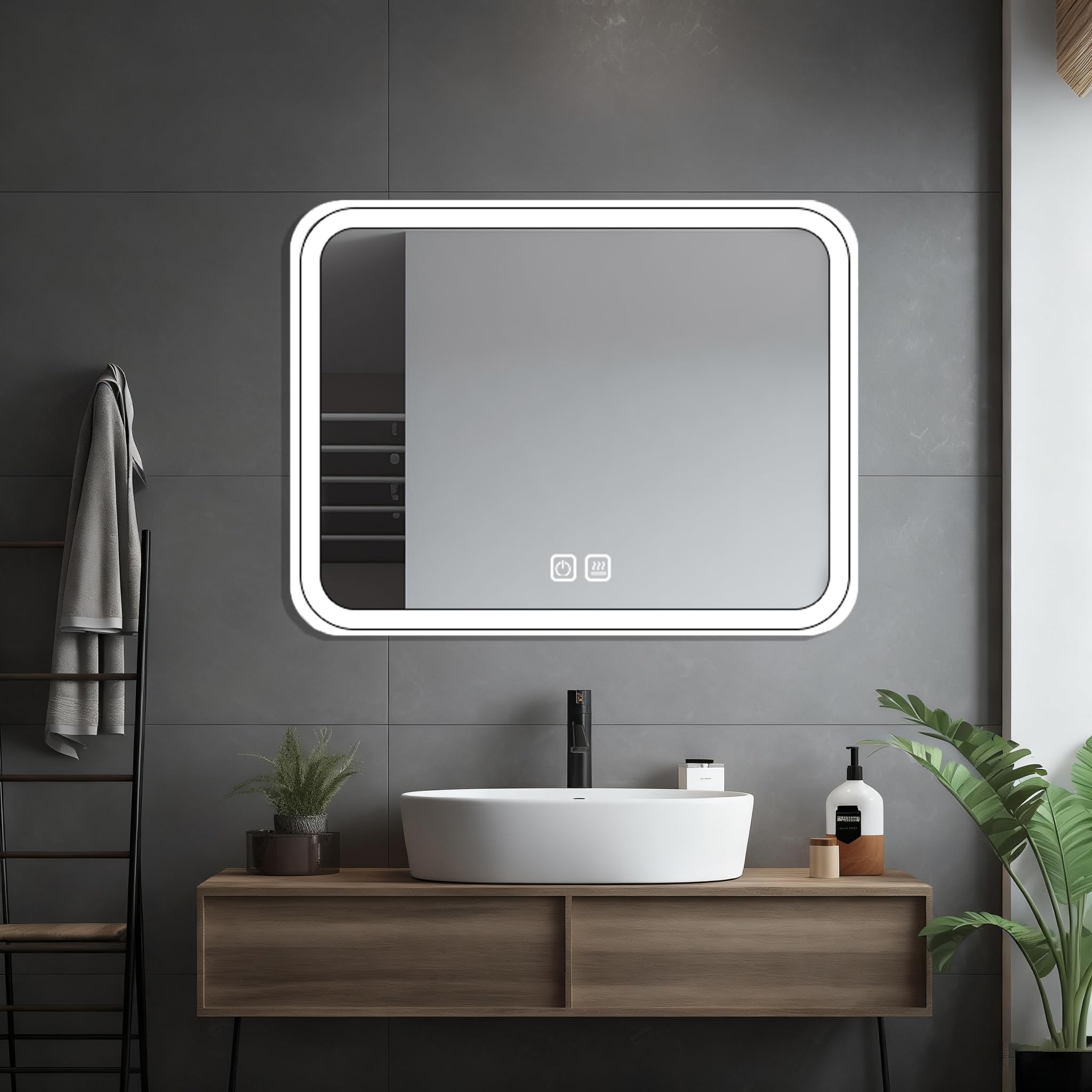 HIGHBATH 60 x 80 cm Large Lighted Vanity Mirror with Dimmable 3 Modes and Demister Pad, LED Makeup Mirror for Bathroom ๏ผ Dressing Room, Tabletop or Wall-Mounted,Horizontal/Vertical, White