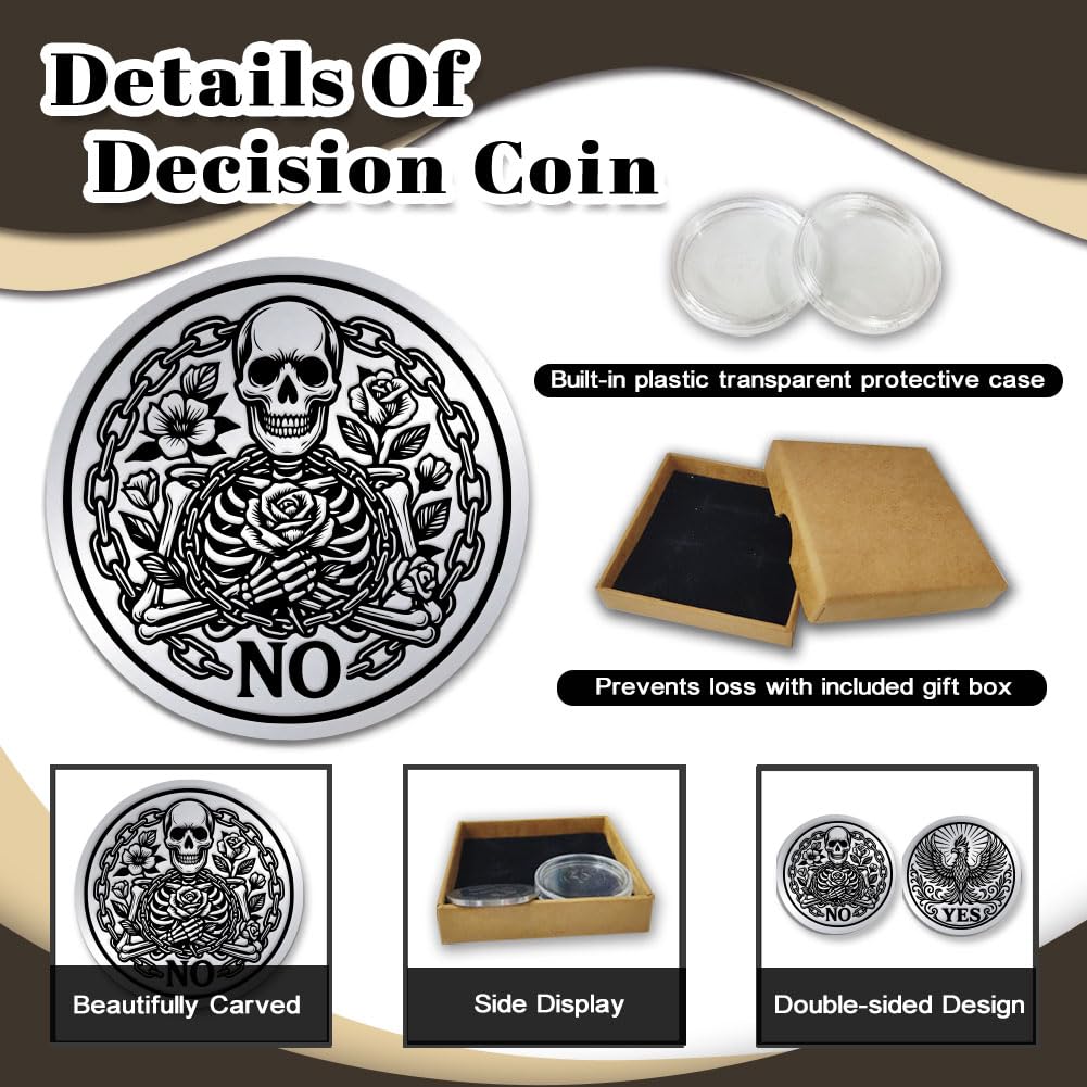 UNICRAFTALE 2Pcs 2 Styles Yes No Challenge Coin Phoenix and Skull Coins Stainless Steel Double Sided Chains and Flames Decision Coins Metal Decision Maker Commemorative Coin Gifts for Men Women - Image 4