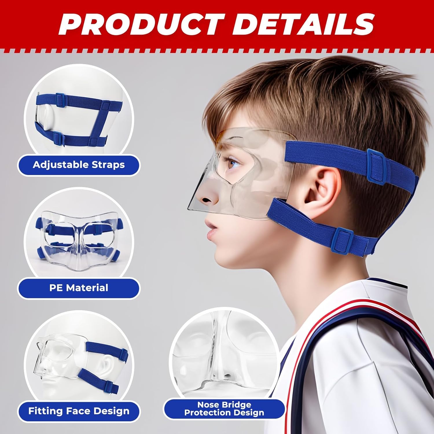 WR01A Kids Nose Guard for Broken Nose Girls Boys Adjustable Basketball Soccer Sports Face Mask with Foam Padding and Stickers for Youth Teens（Blue