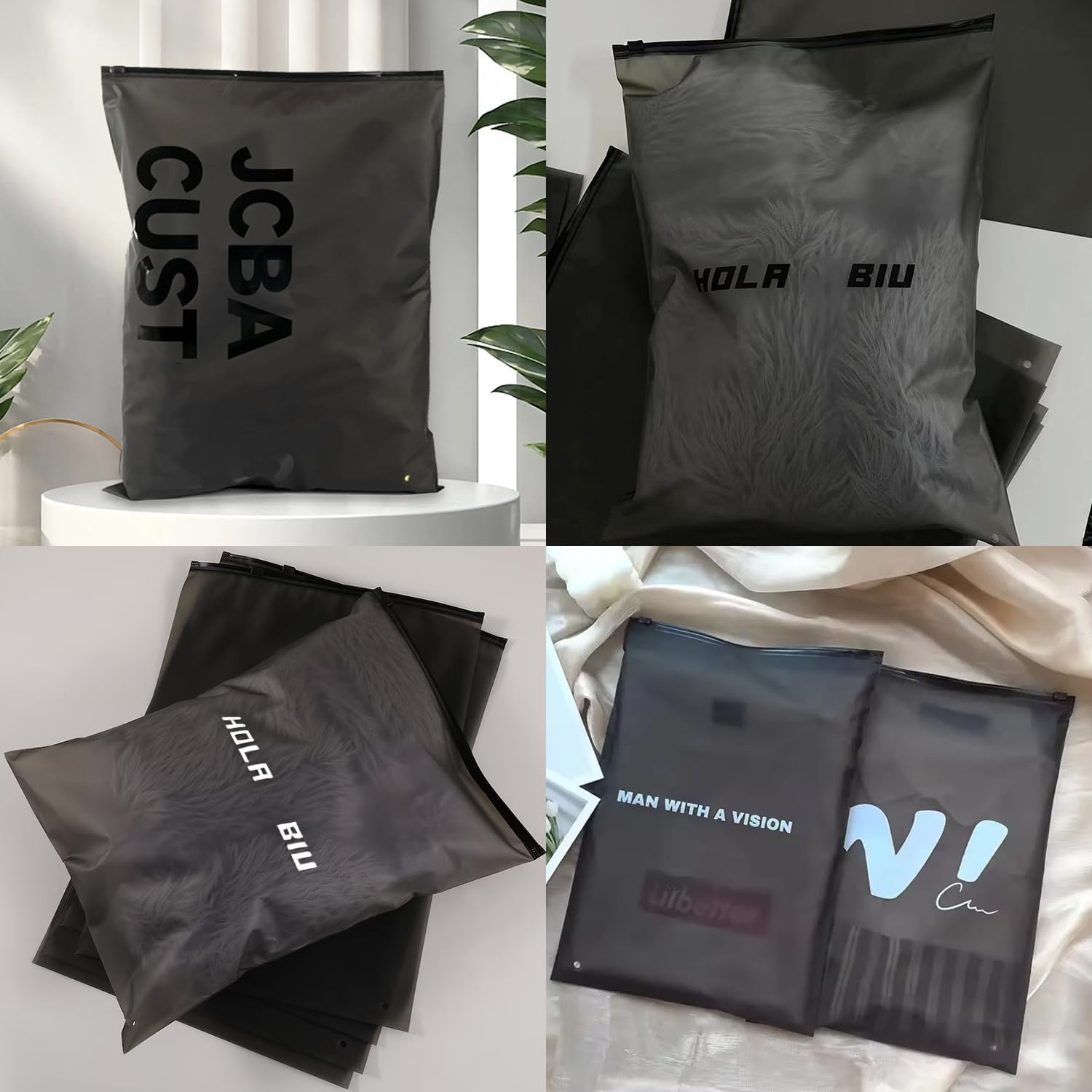 Custom 50-200pcs Translucent Matte Frosted Black Zipper Bags with Logo, Personalized Resealable Poly Plastic Packaging Bags for Clothing, T-Shirts, Leggings, Socks, Anything (100)