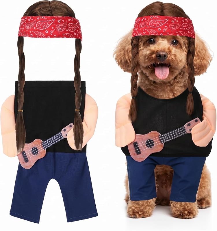 Fantasia de Cantor Country para Cães com Violão, Peruca e Bandana Huhumy, XS