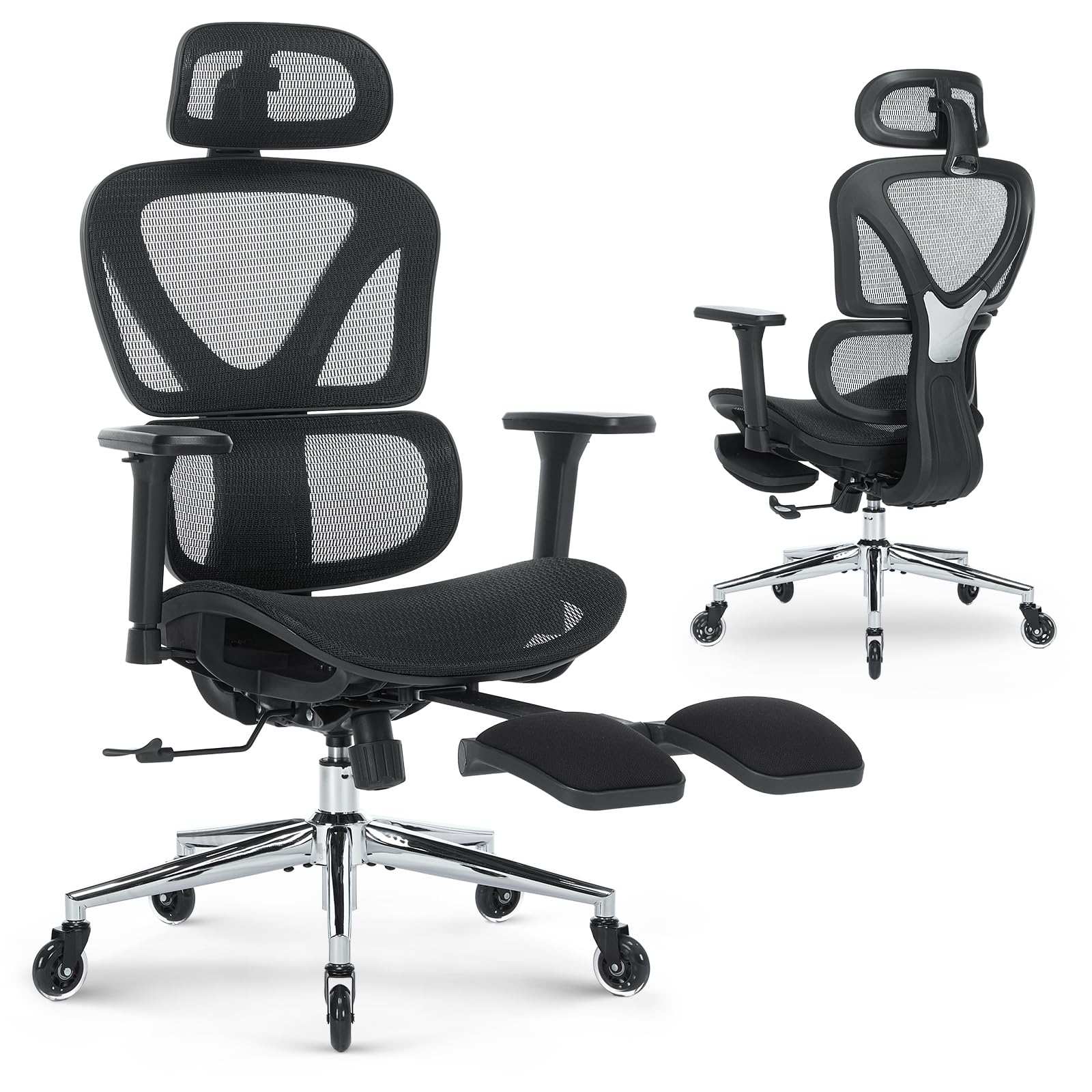 MALOL Ergonomic Office Chair with Footrest, Mesh Home Office Computer Chair with Adjustable Headrest and 3D Arms, Backrest Height, Tilt Lock and