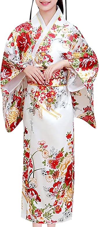 KAGAYD Little Girls Japanese Kimono Traditional Long Sleeve Clothes Kids Floral Satin Belt Dress for Birthday