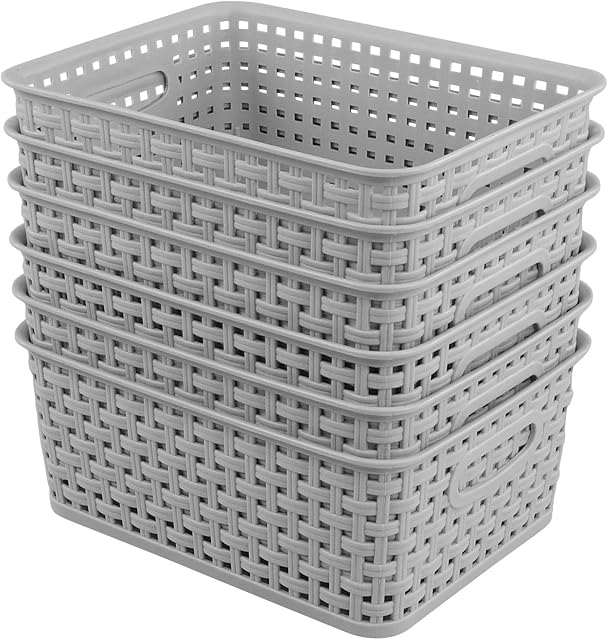 Zerdyne 6-Pack Plastic Woven Storage Basket, Light Gray