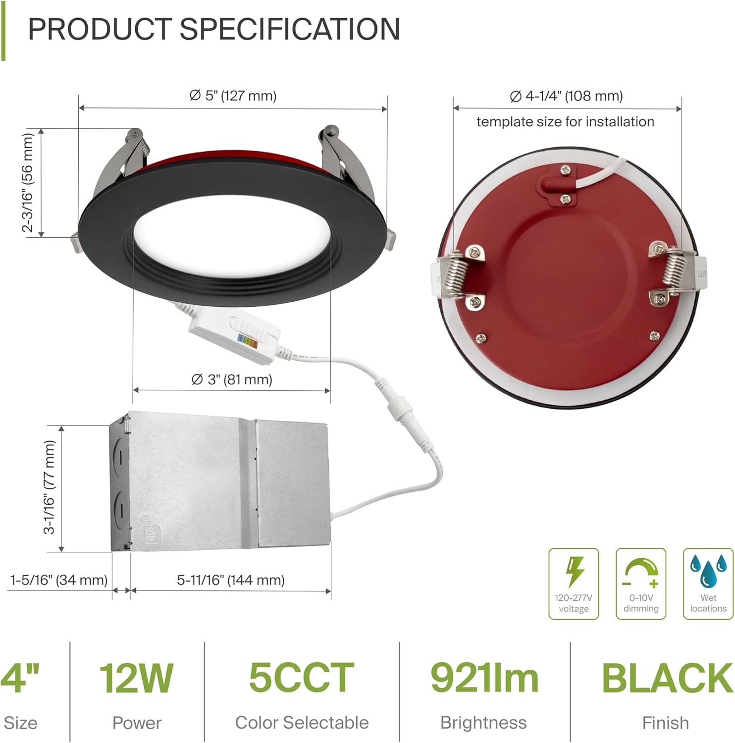 ASD Fire Rated Recessed Light 4 Inch, 12W 120-277V, Mini Panel Baffle Trim, 5 CCT 2700K/3000K/3500K/4000K/5000K, Dimmable Canless Commercial LED Downlight, Wet and IC Rated, Air Tight, ETL, 6 Pack