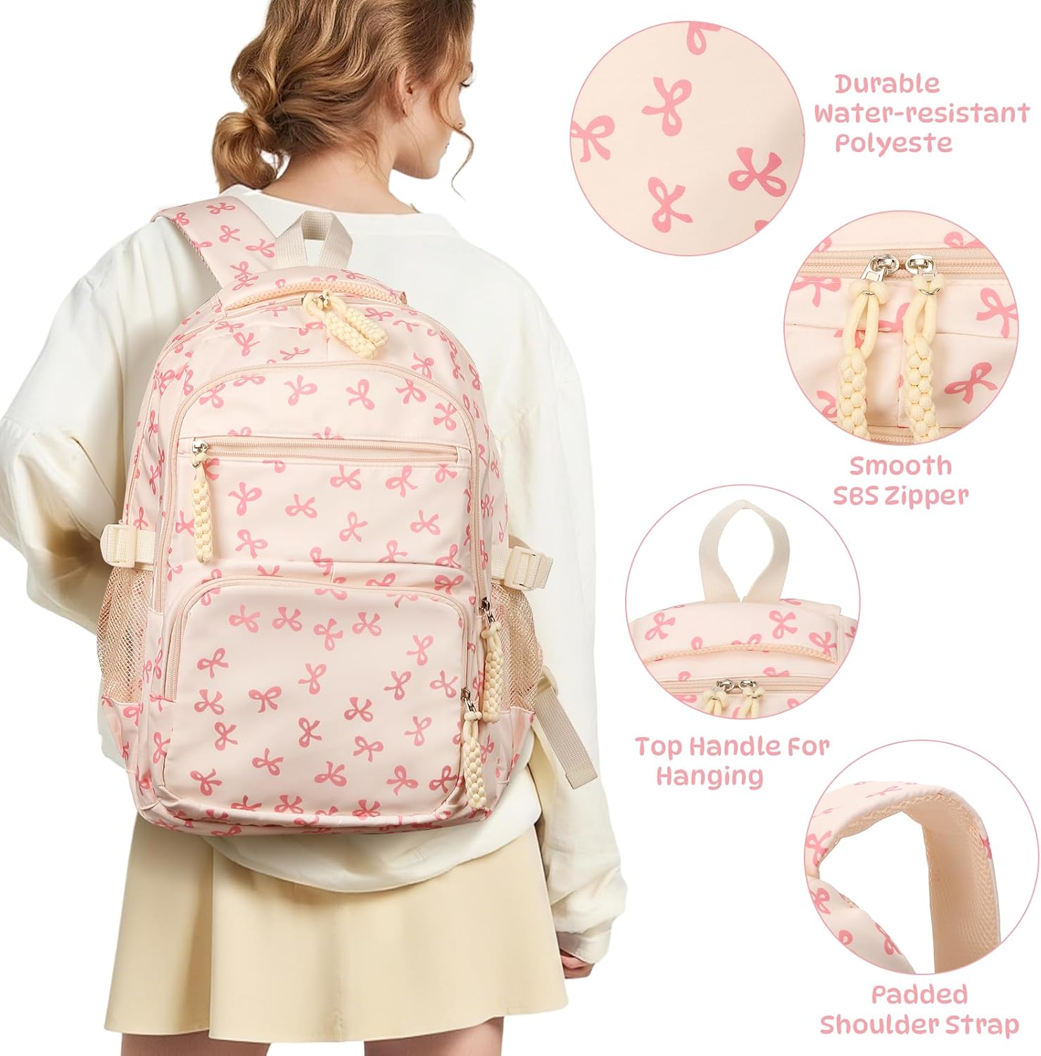 Bow Backpack for Women Coquette Aesthetic Nylon Rucksack Cute Kawaii Backpack 3Pcs Set With Bow Pattern - Image 3