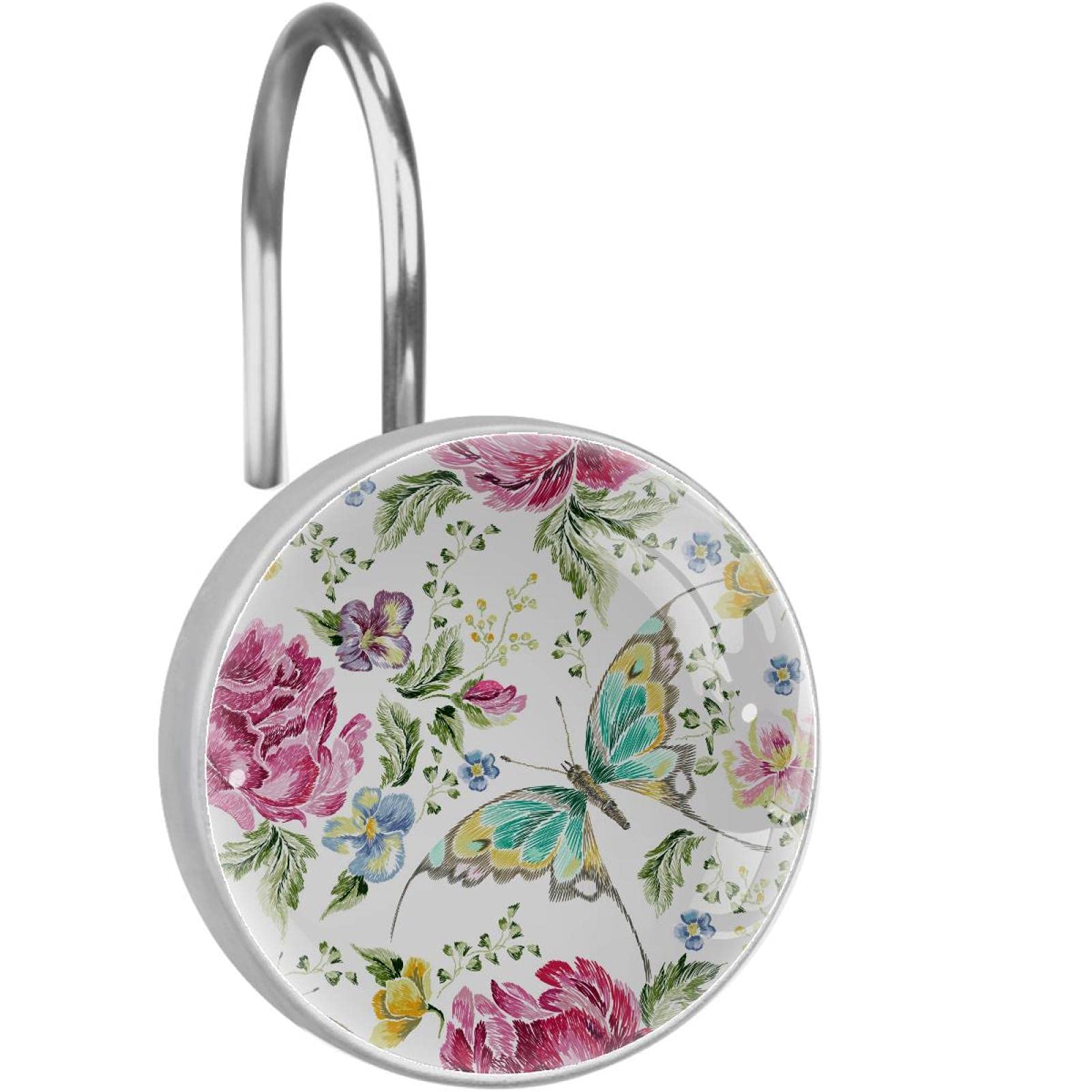 Crochets de Rideau de Douche Anti-Blocage à Roulettes Inox Motif Papillon