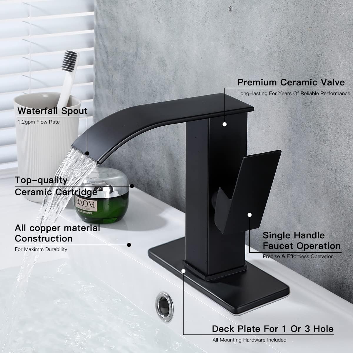 Bathroom Black Faucet Waterfall 1 Hole Bath Lavatory Vanity Sink Faucet Single Handle Include Pop Up Drain with Overflow Commercial Modern Basin Tap Brass Deck Mount