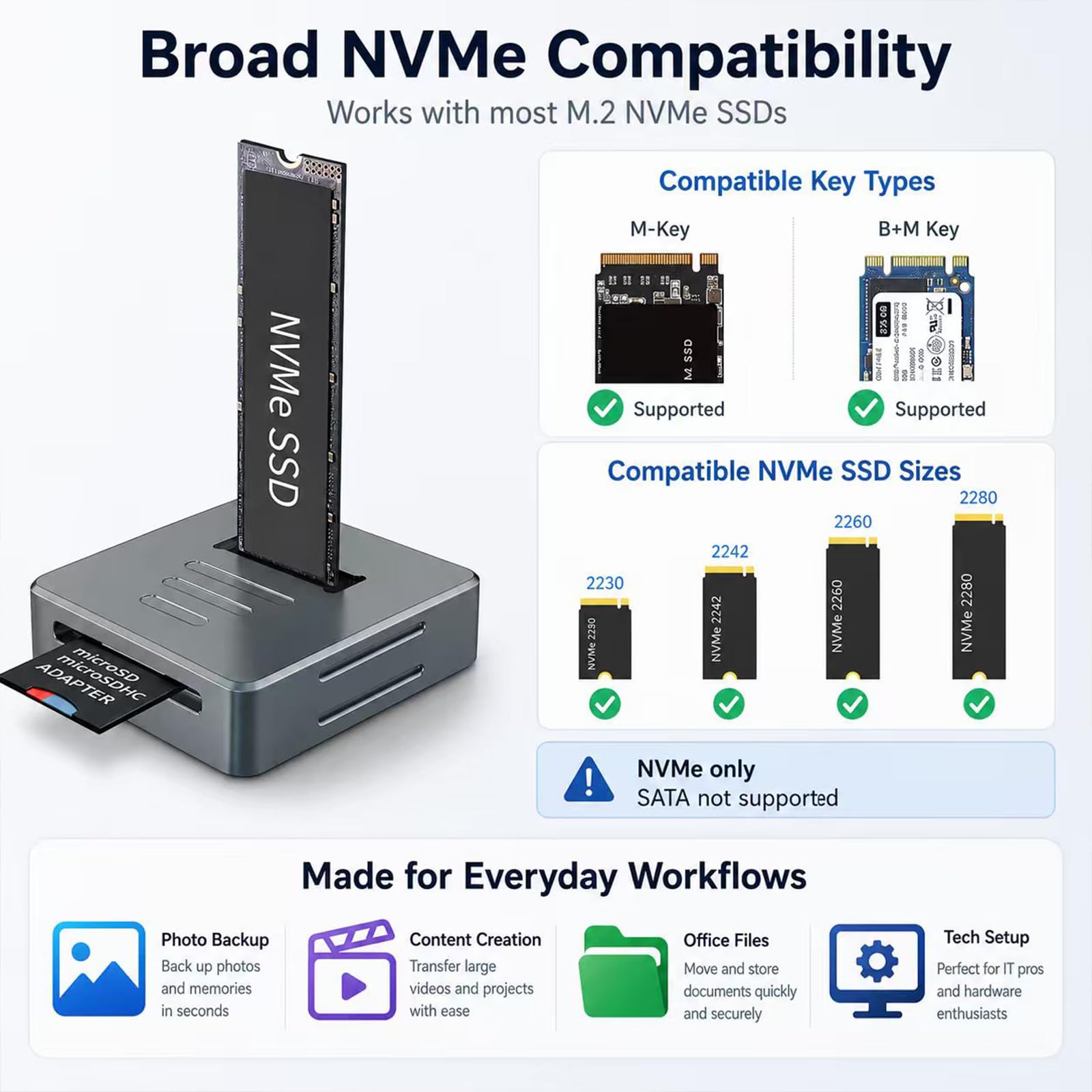 Adapter czytnika M.2 NVMe na USB z czytnikiem SD, aluminiowa obudowa NVMe M.2 SSD do stacji dokującej M.2 PCIe NVMe SSD