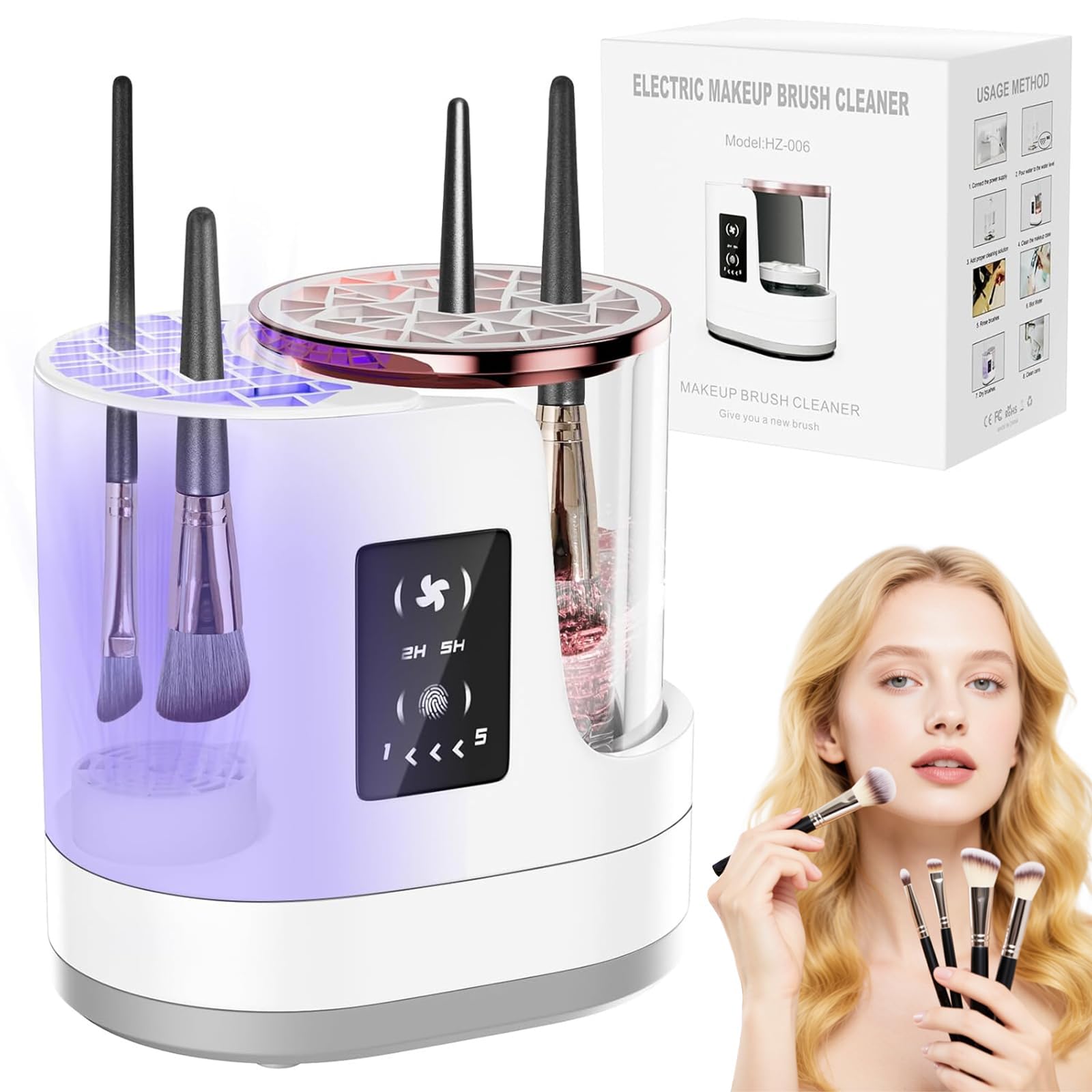 Limpiador 3 en1 Brochas Maquillaje，Máquina Limpieza Eléctrica con Secador & Soporte - Lavador Brochas Automático USB para Todas Tamaños Brochas Cosméticas & Beauty Blender, Parada Auto 5 Min