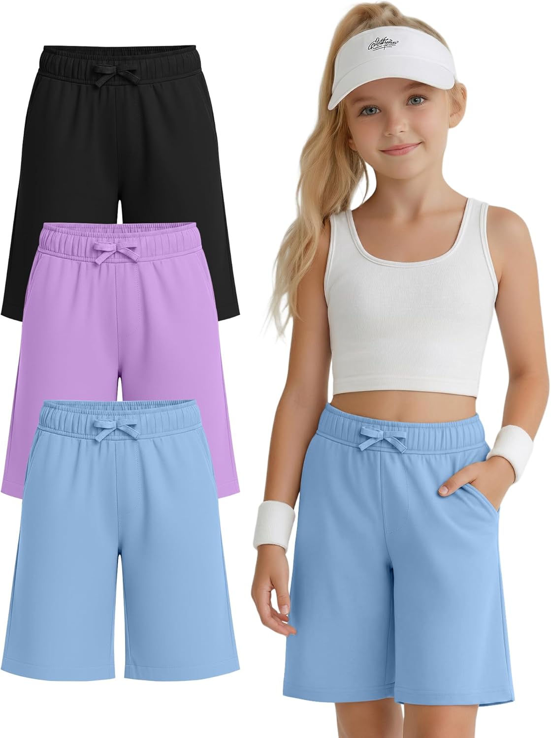 3 Pack Girls' Bermuda Shorts Elastic Waistband Athletic Long Shorts Kids Knee Length Summer SweatShorts 5-14 Y