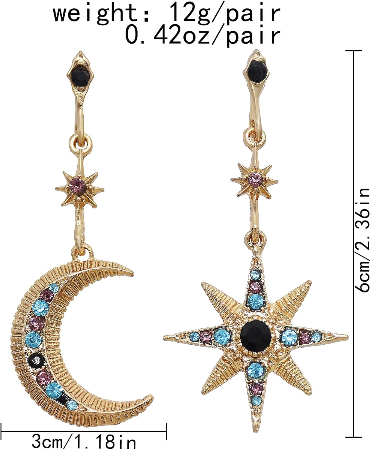 Asymmetrical Sun and Moon Drop Dangle Earrings Rhinestone Crystal Moonstone Crescent Star Long Stud Earrings Boho Bohemian for Women Celestial Planet Christmas Jewelry-3 - Image 3