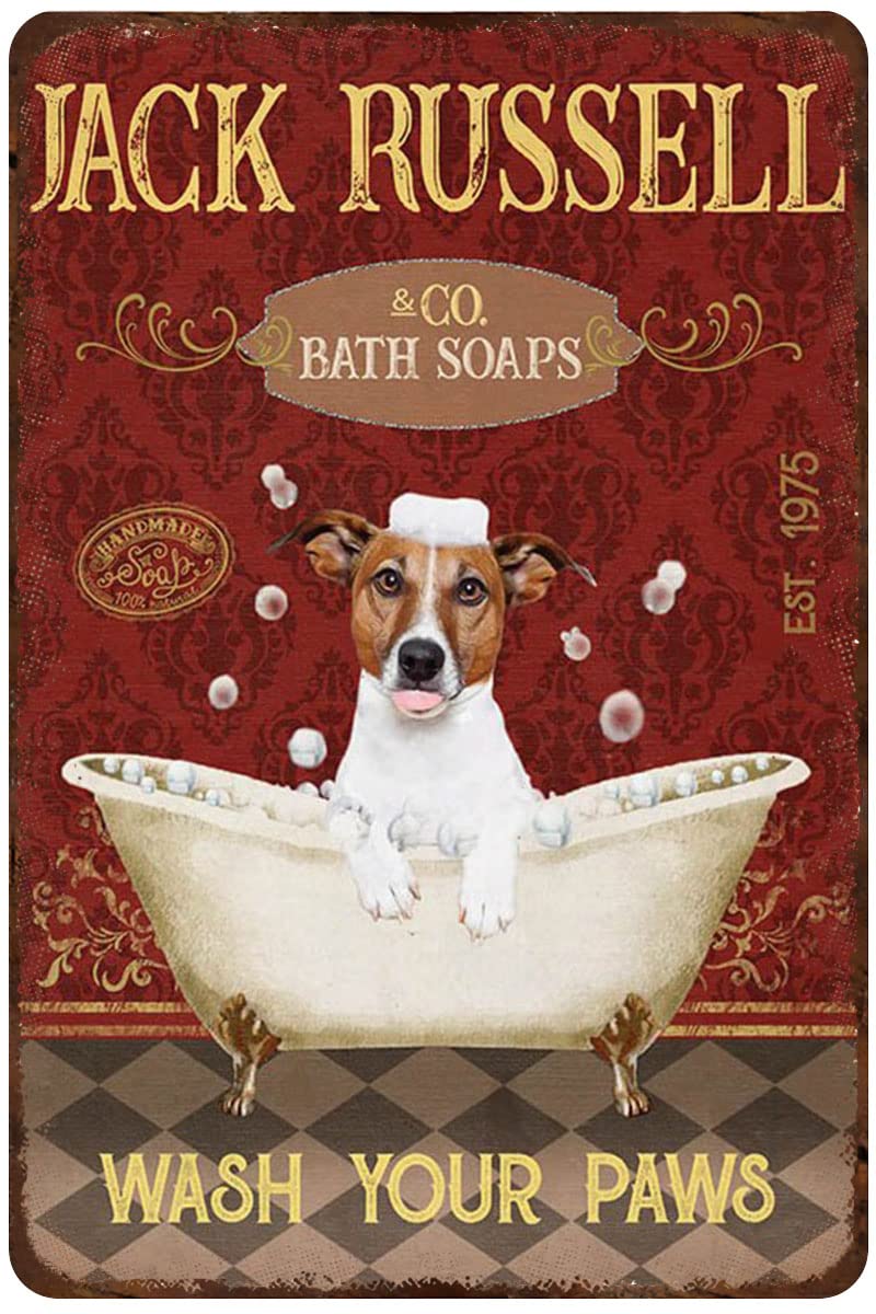 Dreacoss Rustic Retro Metal Tin Sign Jack Russel Dog Bath Soap Funny Bathroom Signs Wall Decor Vintage Home Washroom Toilet Bath Signs Wall Plaque Decor 12X8 Inch