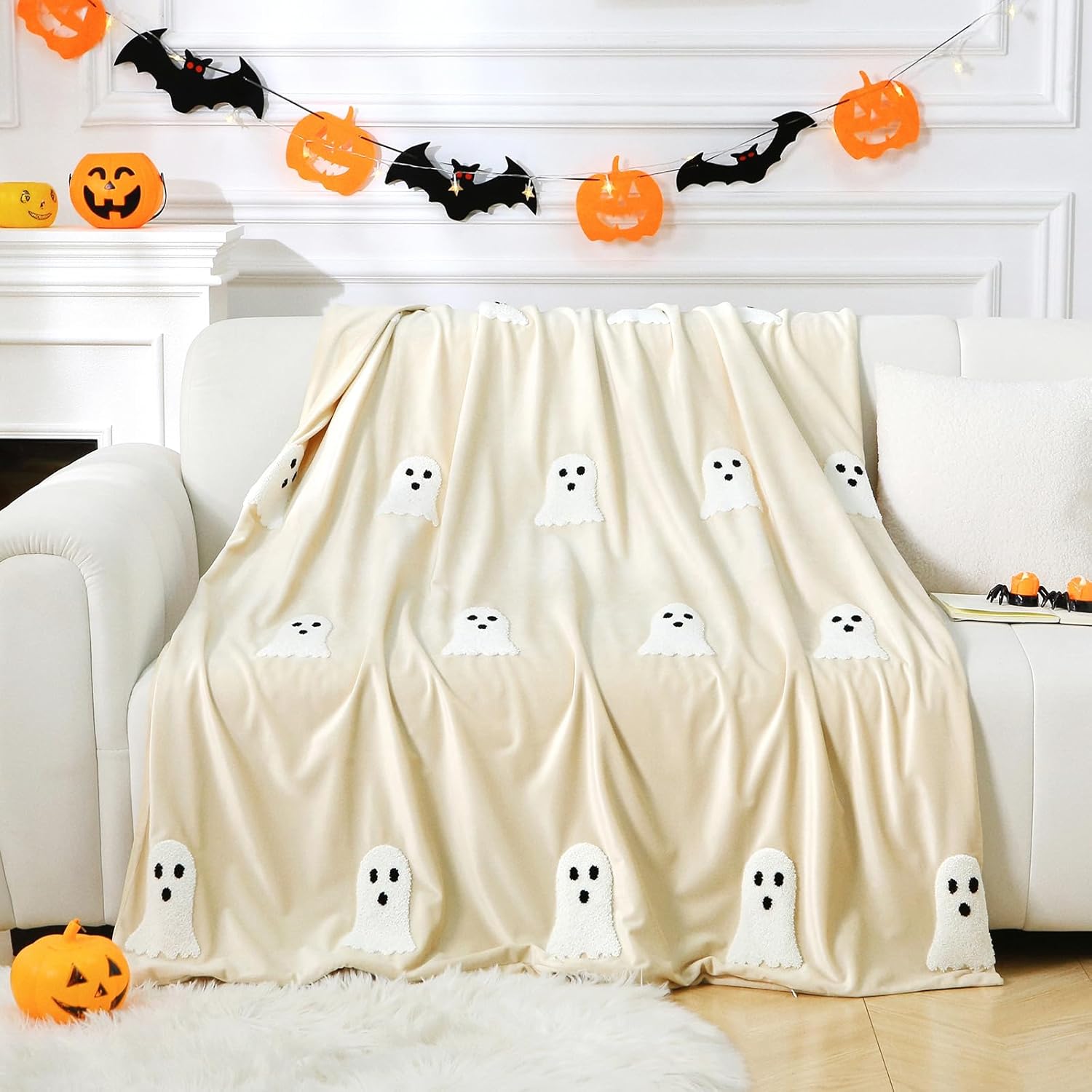 Halloween Ghost Throw Blanket 50x60, Ultra Soft Velvet All-Season Decorative Blankets with 3D Embroidered Ghost, Hidden Zipper for Duvet Insert, Cozy Bed or Sofa Blanket (White)