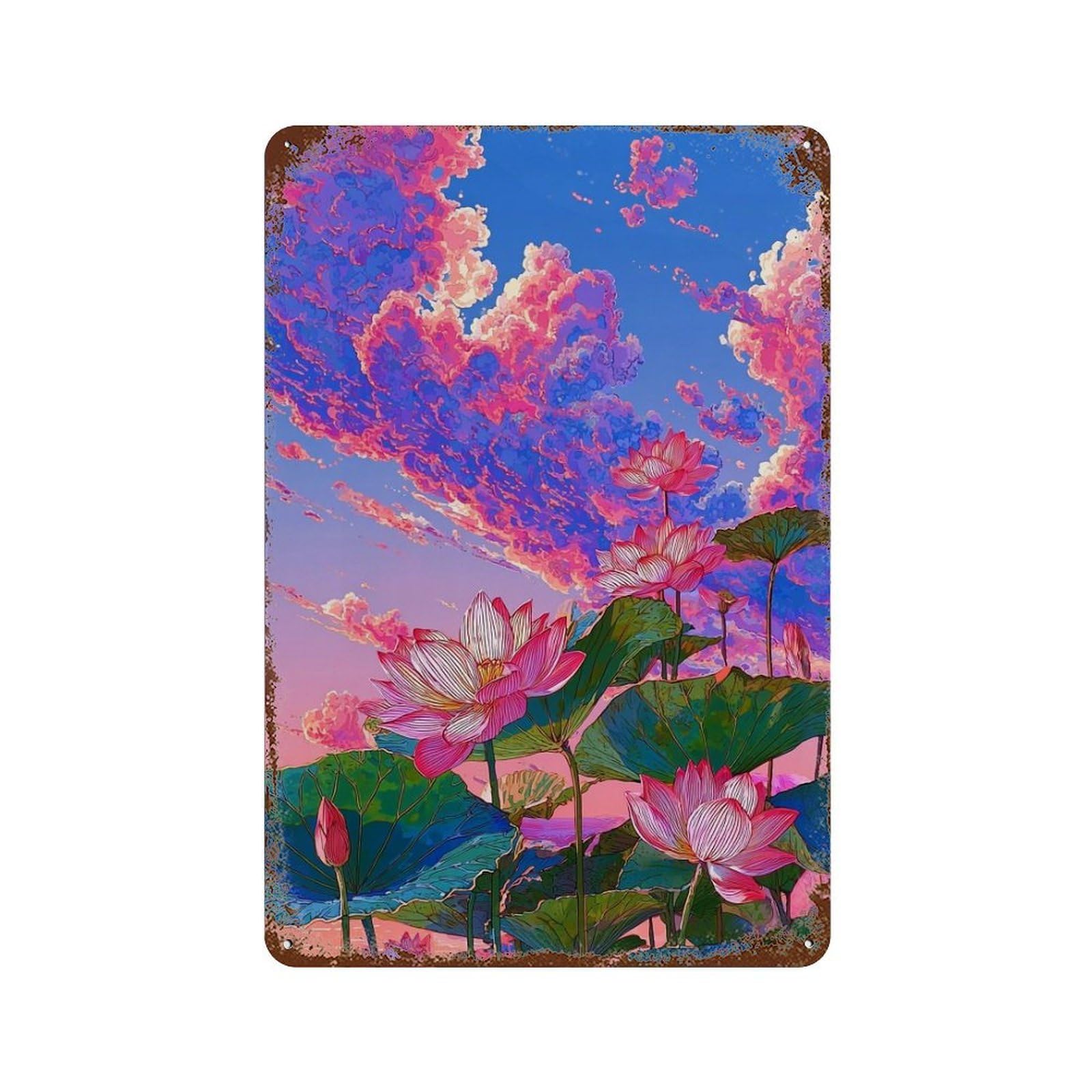 Lotus Bloom Sky Aged Metal Wall Plaque 11.8"x7.9", Classic Wall Plaque for Garage, Pub Or Kitchen