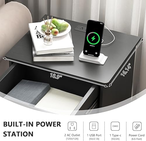 Miniatura 4 de Mesita de noche con estación de carga, moderna mesita de noche con puertos USB tipo C y salidas de CA, mesita de noche grande con cajón y