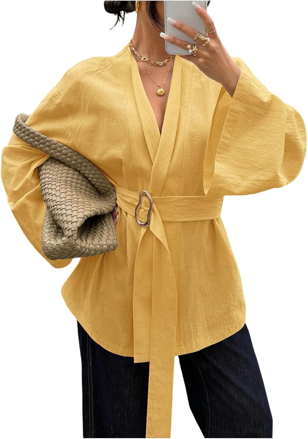 OYOANGLE Women's Buckle Belt Wrap Blouse V Neck Bell Sleeve Work Shirts