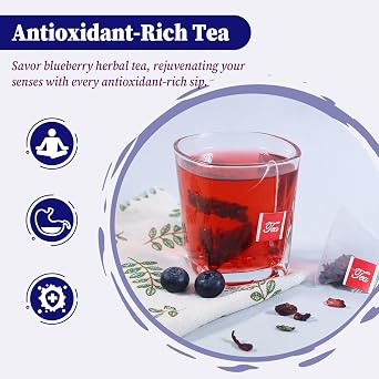 FullChea - أكياس شاي التوت الأزرق، 50 كيس شاي - شاي عشبي ممتاز من مزيج التوت الأزرق - مزيج متناغم من التوت الأزرق والكركديه والزبيب وأوراق النعناع - غني بالخير الطبيعي والطعم المبهج