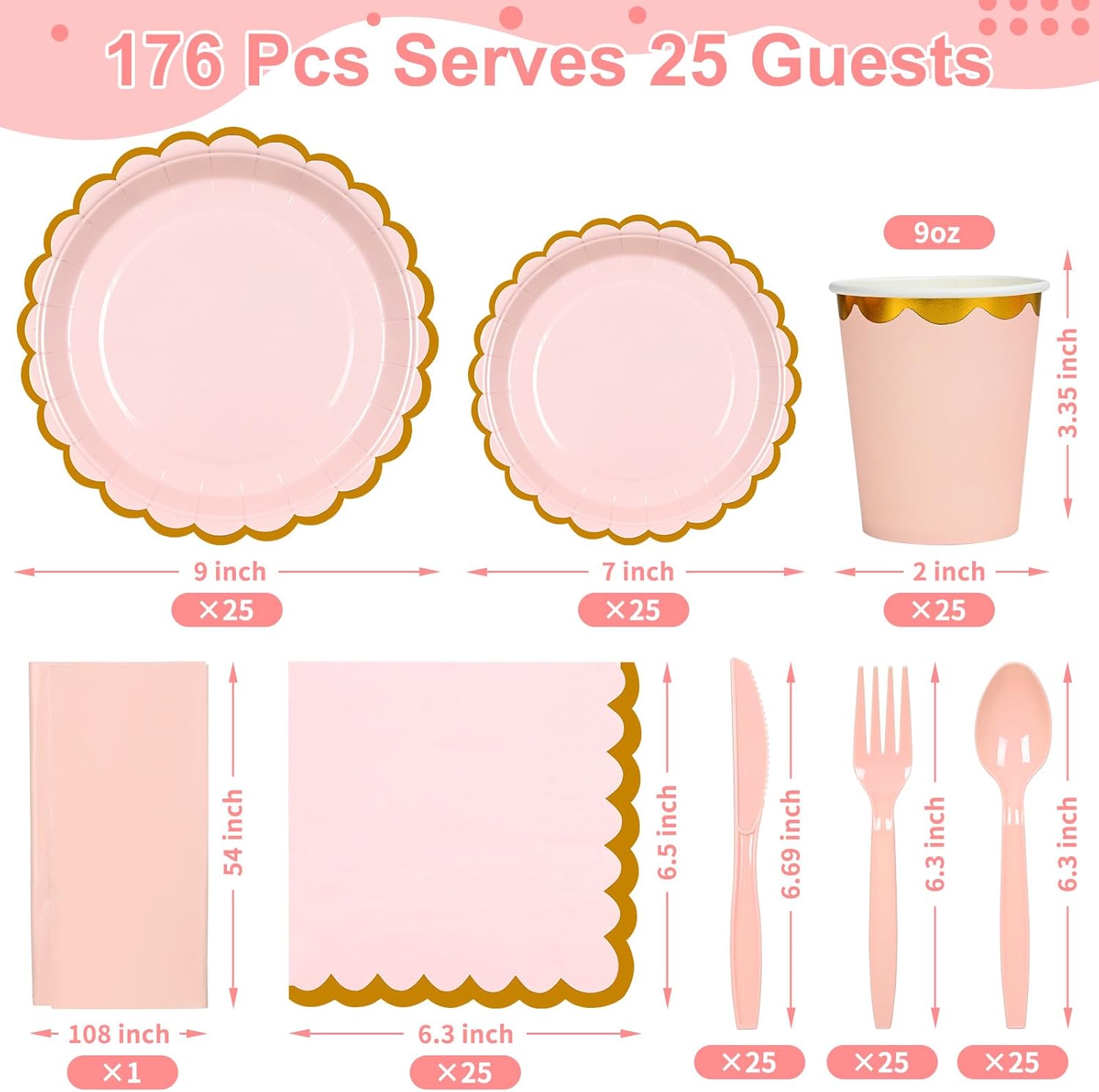 FrutPunch 176 Pieces of Pink Paper Plates, Party Plates and Cups and Napkins Sets, Pink Plates Party Supplies, Suitable for Parties, Weddings, Birthdays
