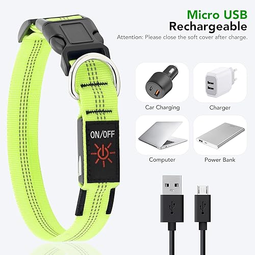 Miniatura 5 de Weesiber Collares de perro con luces LED recargables, luces reflectantes ajustables para perros para caminar por la noche (verde, S)