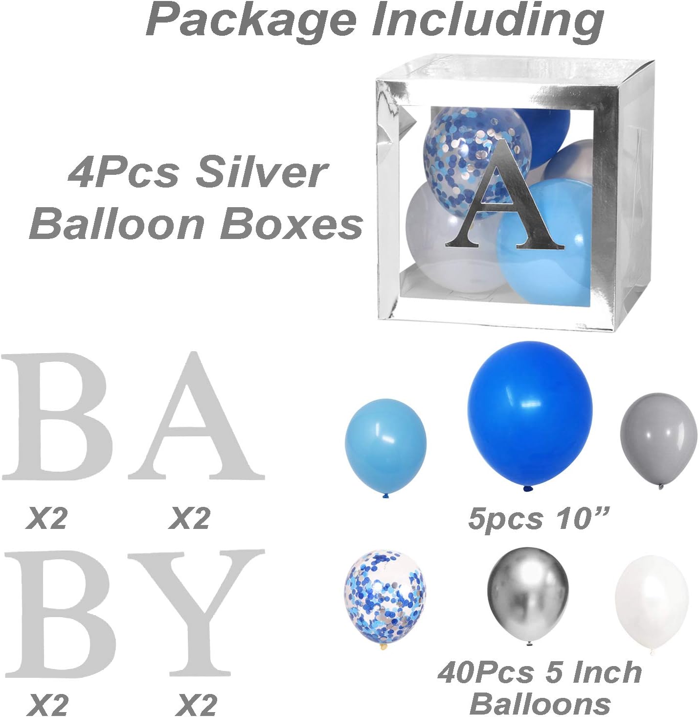 Baby Shower Decorations for Boy, Silver Transparent Boxes Includes 45Pcs Baby Blue Silver Grey Balloons for 1st Birthday Party, Elephant Baby Shower Boy, Pregnancy Announcements Party DecorationS