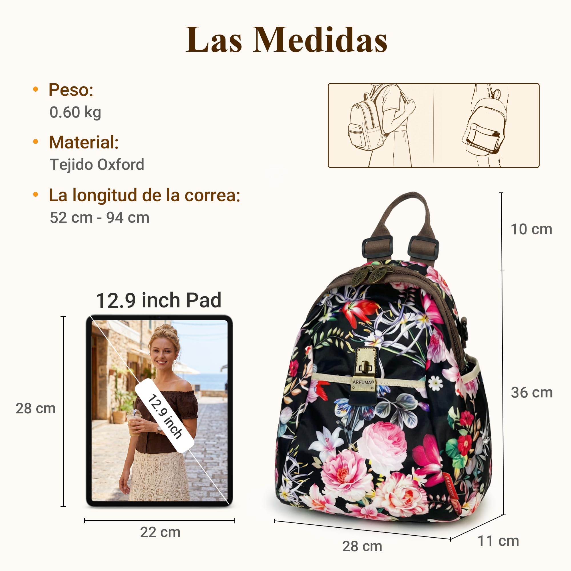 Mochila Para Mujer Elegante Dama Bolso de Mano Estampado de Moda Diseño Desgastado de Hardware Bolso de Hombro Para Mujer Viajes Escuela Camping Impermeable Tela Oxford