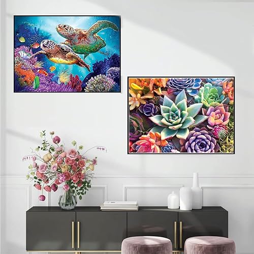 Miniatura 6 de Kits de pintura de diamantes de 2 piezas para adultos y niños pintura colorida de tortuga marina y plantas suculentas obra de arte colorida para
