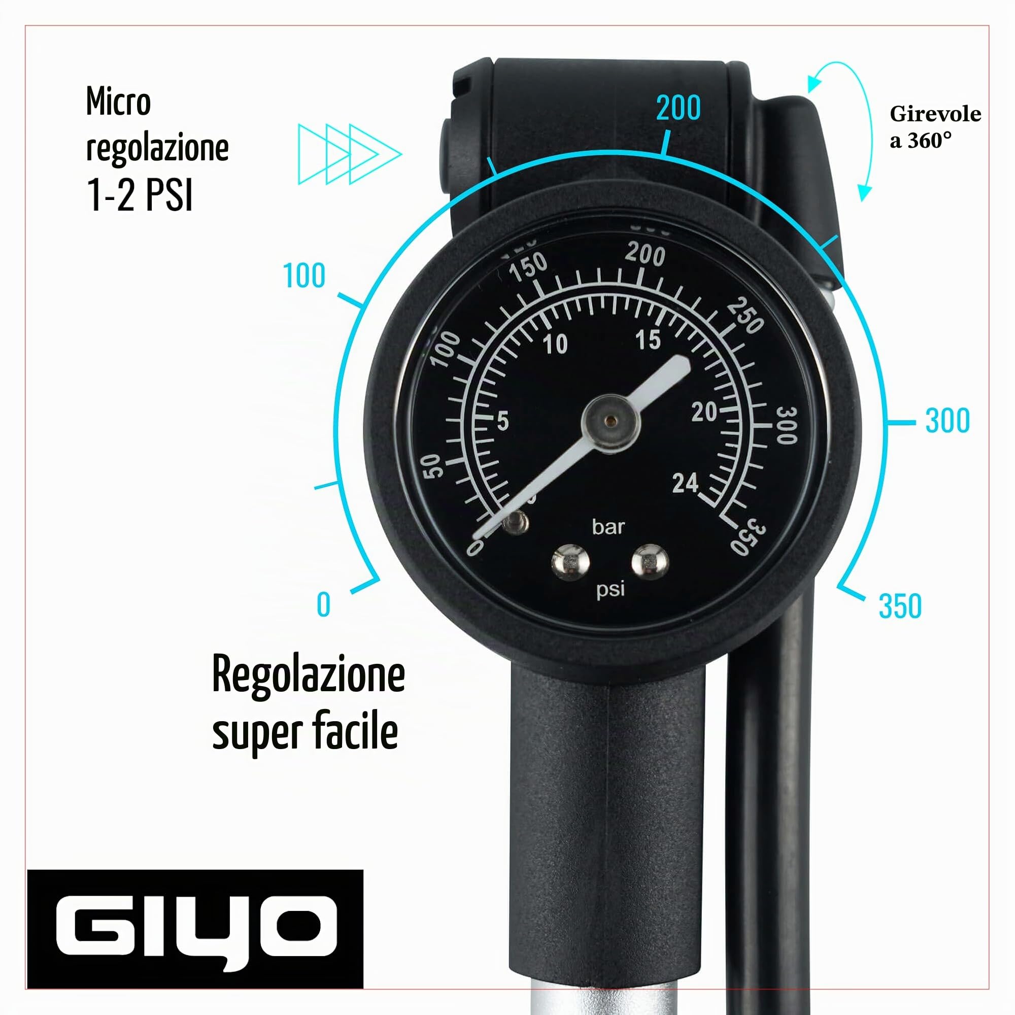 GIYO - Pompa per ammortizzatori ad alta pressione (350 PSI) – Forte leva di bloccaggio per nessuna perdita d'aria, fusto in alluminio, manometro da 3,8 cm, regolatore di scarico micro-regolabile, tubo