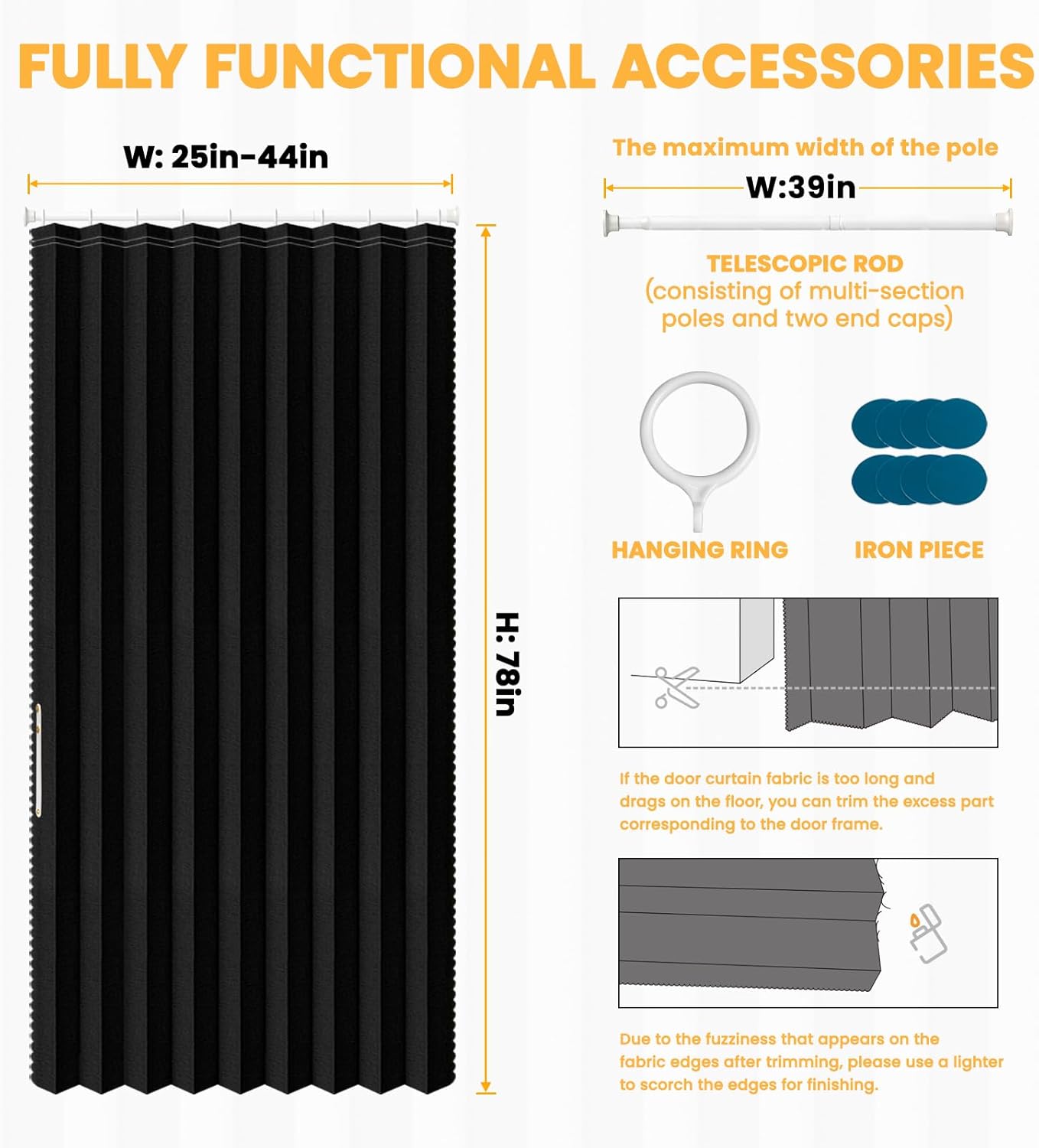ajazz 100% blackout sliding door curtains for doorways, accordion doors magnetic door curtain for bedroom living room doorway curtain sets (1 pack, 44 w x 78 l,black+rod) 44"w x 78"l (pack of 1) black
