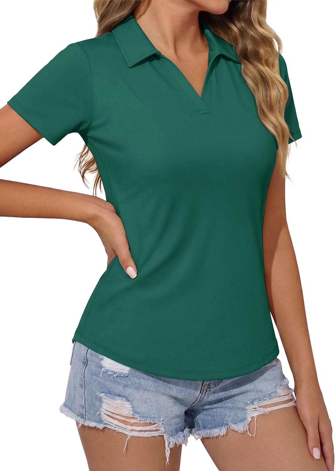 MAGCOMSEN Women's Golf Shirts Short Sleeve Polo UPF 50+ V Neck Collared Tops Quick Dry Tennis Athletic T Shirts