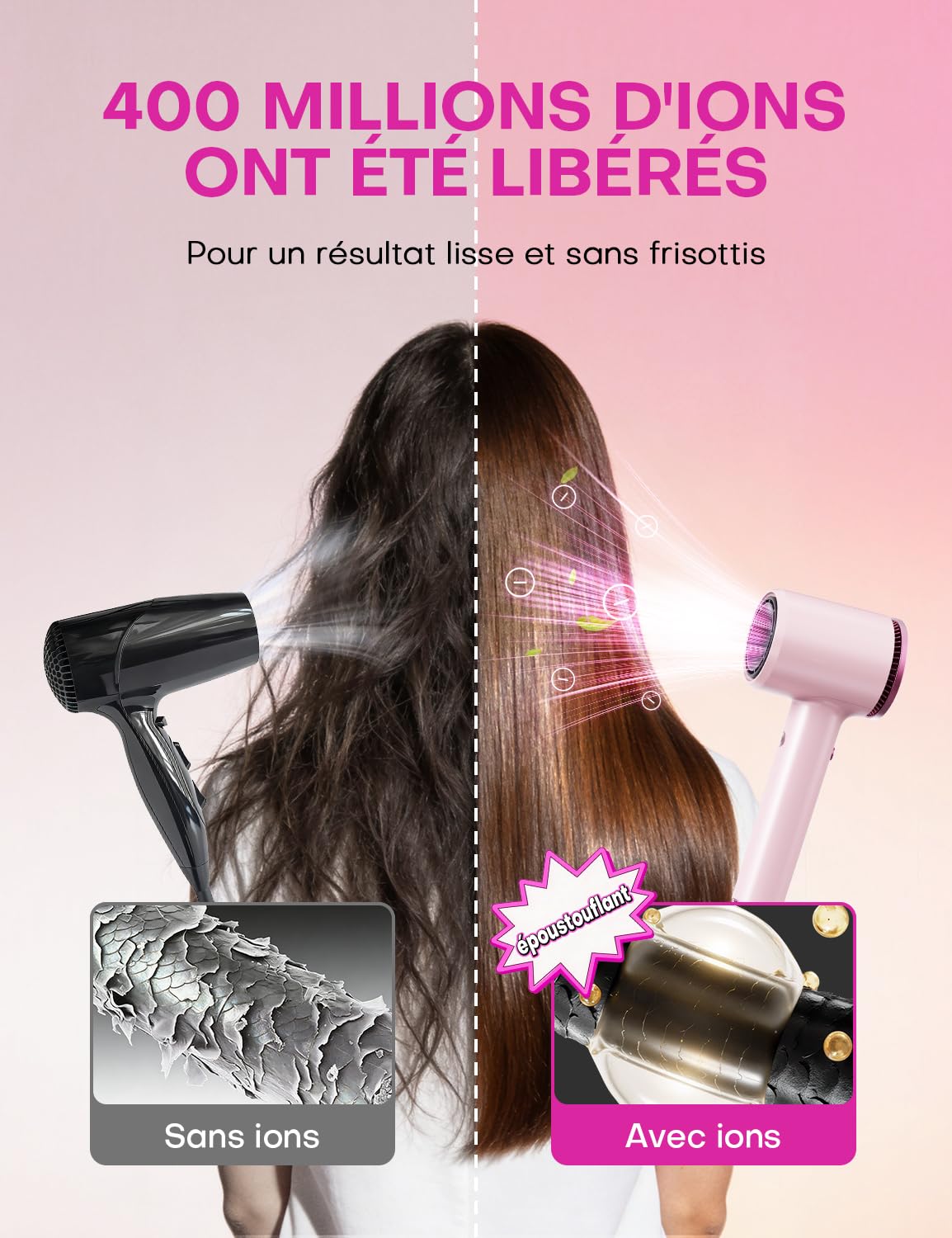 Seche cheveux ionique pour femme, seche cheveux 1600W 110000 RPM, seche cheveux diffuseur boucle, 2 vitesses 4 températures, seche cheveux de voyage, rose