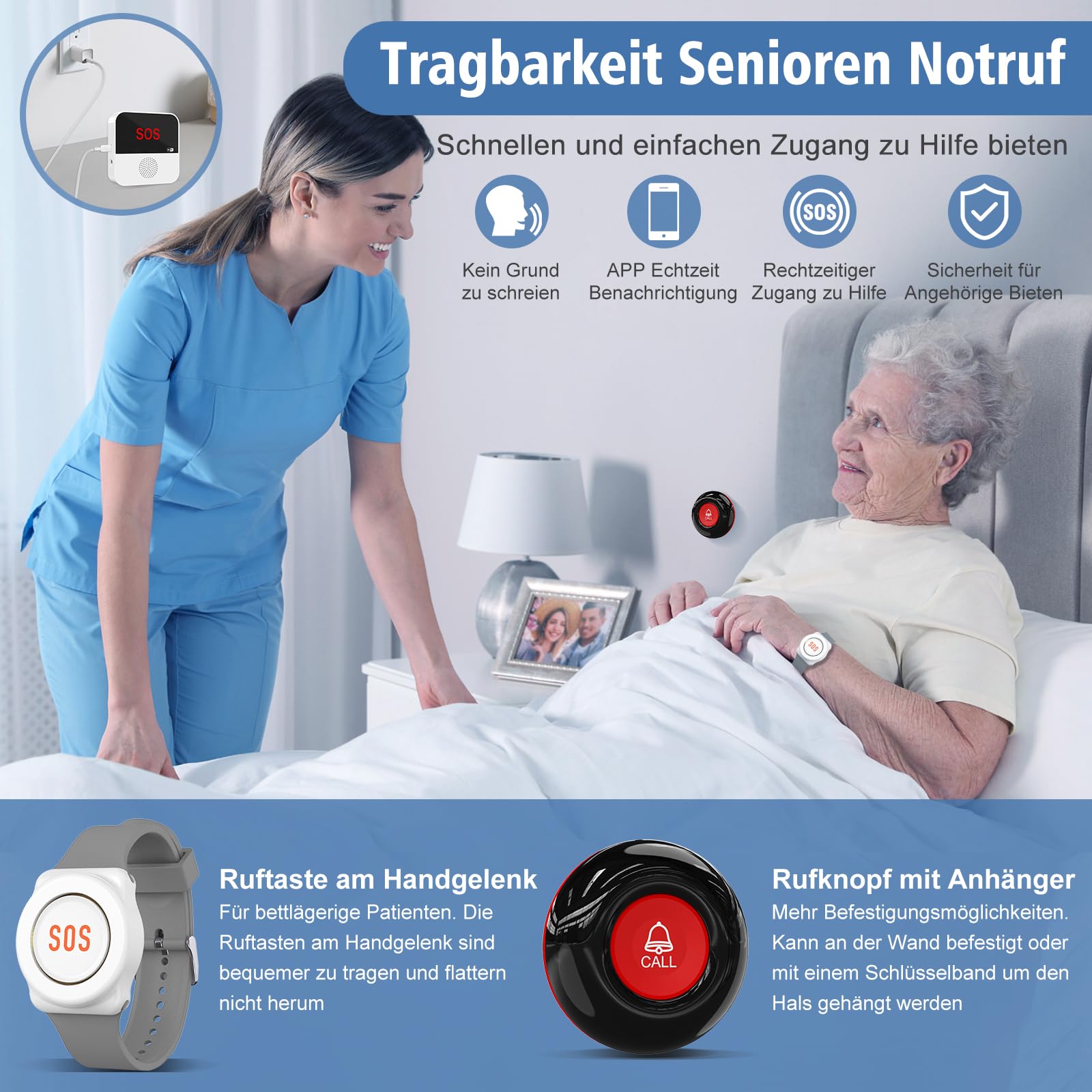 ChunHee Notrufknopf für Senioren Senioren Notruf Tuya WiFi Smart Notrufklingel Alert System für ältere Patienten Behinderte,Kinder