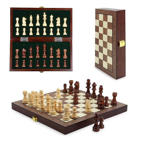 Niwlix Chess Board Set Wooden Magnetic Portable Board Game Compact & Folding - Classic Travel Chess for Adults (9.5 x 9.7 inch)