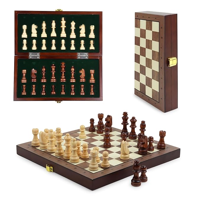 Niwlix Chess Board Set Wooden Magnetic Portable Board Game Compact & Folding - Classic Travel Chess for Kids & Adults (9.5 x 9.7 inch)