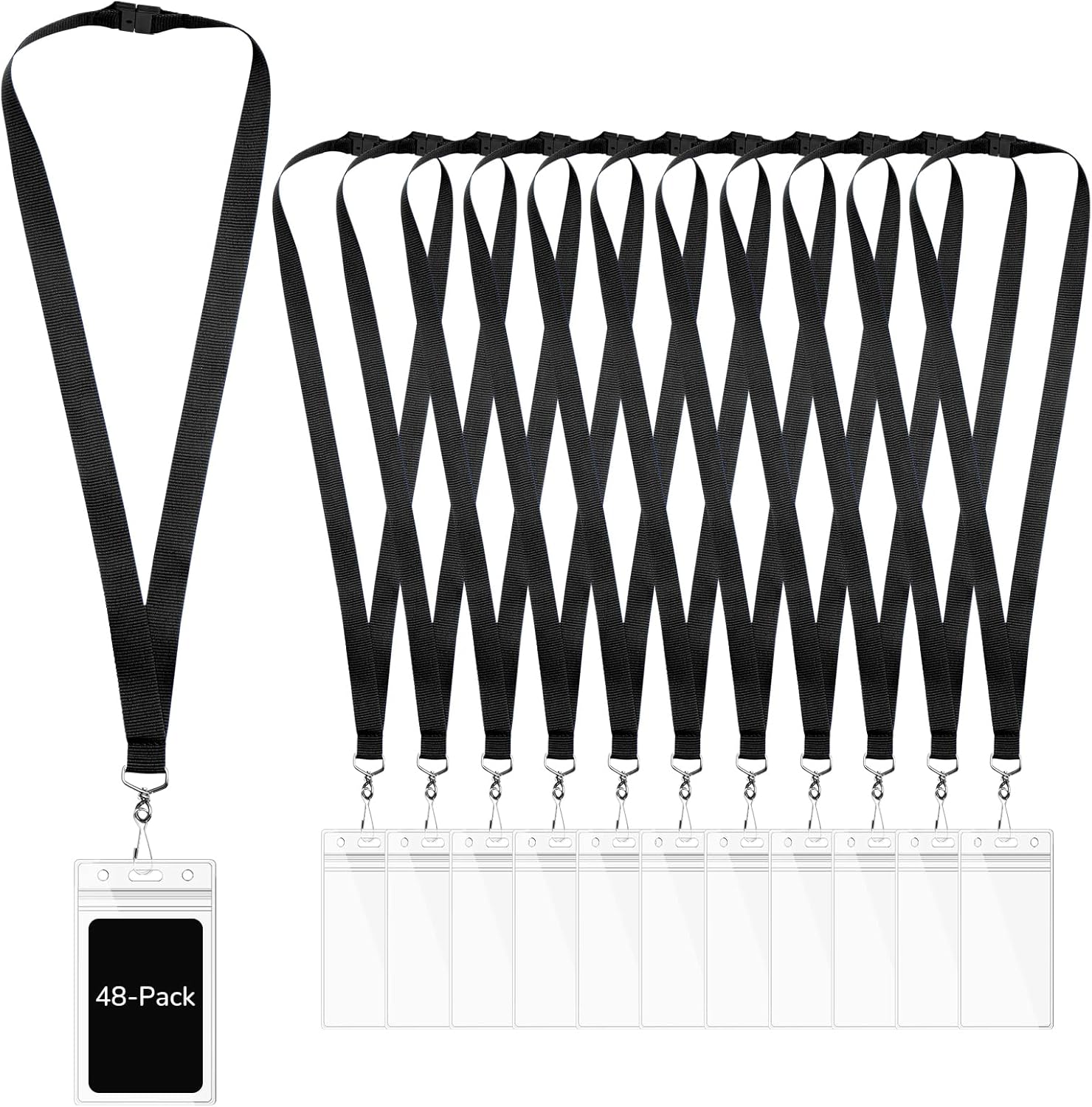 WEZEBEL 48-Pack Black Breakaway Lanyards with Waterproof Badge Holders, Polyester Neck Straps for ID Cards, Events, Office, and Schools