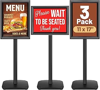 3-Pack Heavy Duty Pedestal Sign Holder Stand 11x17 Inch, Adjustable Floor Standing Sign Holder with Weighted Base, Vertical & Horizontal Menus Signage Stands for Outdoor Advertising, Posters, Black