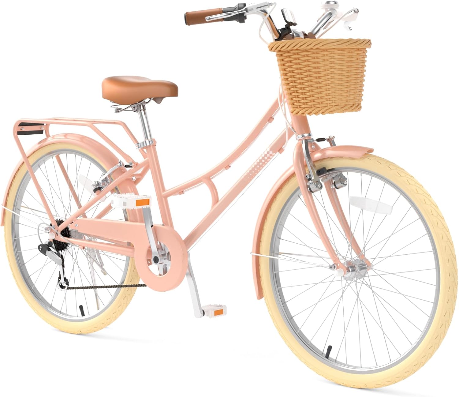 67i Retro Cruiser Bike for Girls Youth, 20/24/26 Inch Girls Bike Lightweight Hybrid City Bike with Wicker Basket & Rear Rack, Durable Steel Frame for Ages 6-14