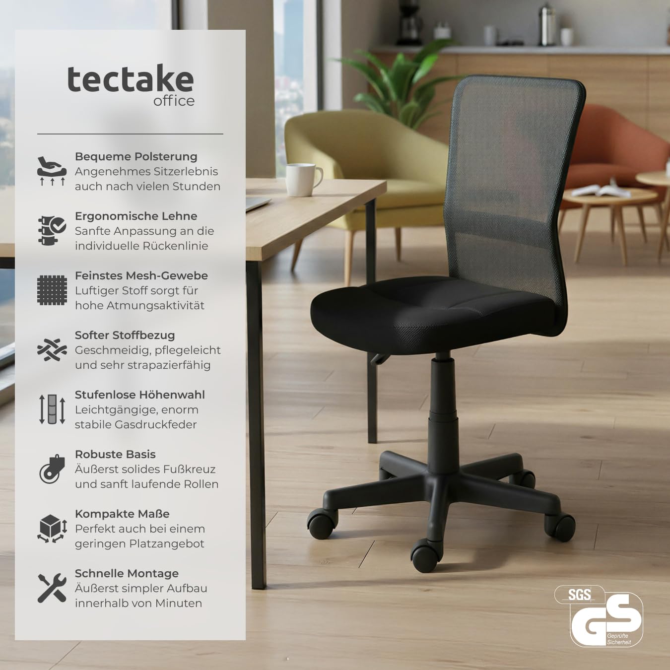 tectake® ergonomischer Bürostuhl, Schreibtischstuhl mit Rollen, Drehstuhl, Gaming Stuhl, Office Chair, Drehsessel, Möbel für Arbeitszimmer, und Jugenzimmer, PC, Computertisch - schwarz