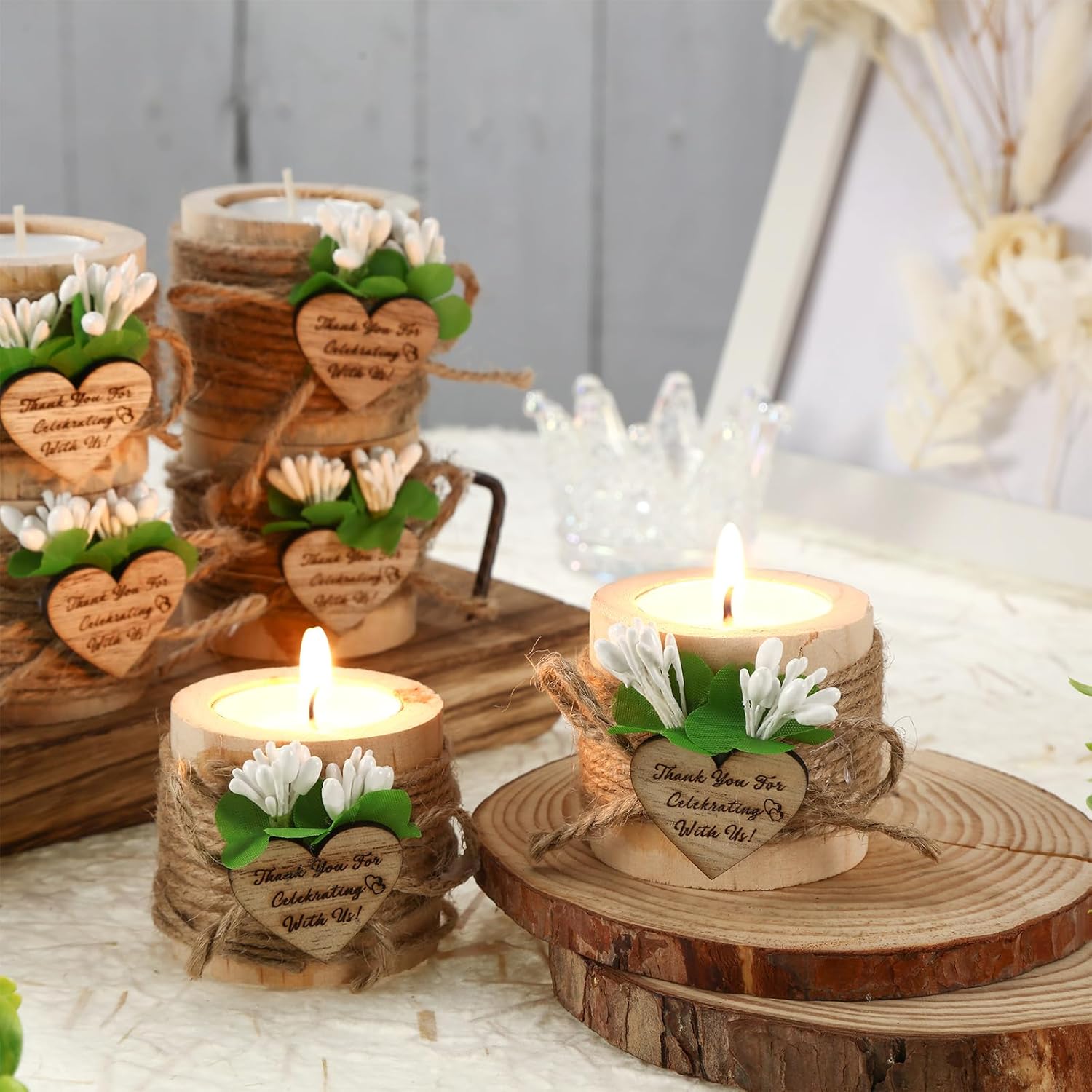 50 Pcs Wood Tealight Candle Holder with Candle Tealight Candle Decoration Thank You Guest Gifts for Wedding Bridal Baby Shower Baptism Souvenirs Rustic Centerpieces(Heart, 50 Pcs, Heart)