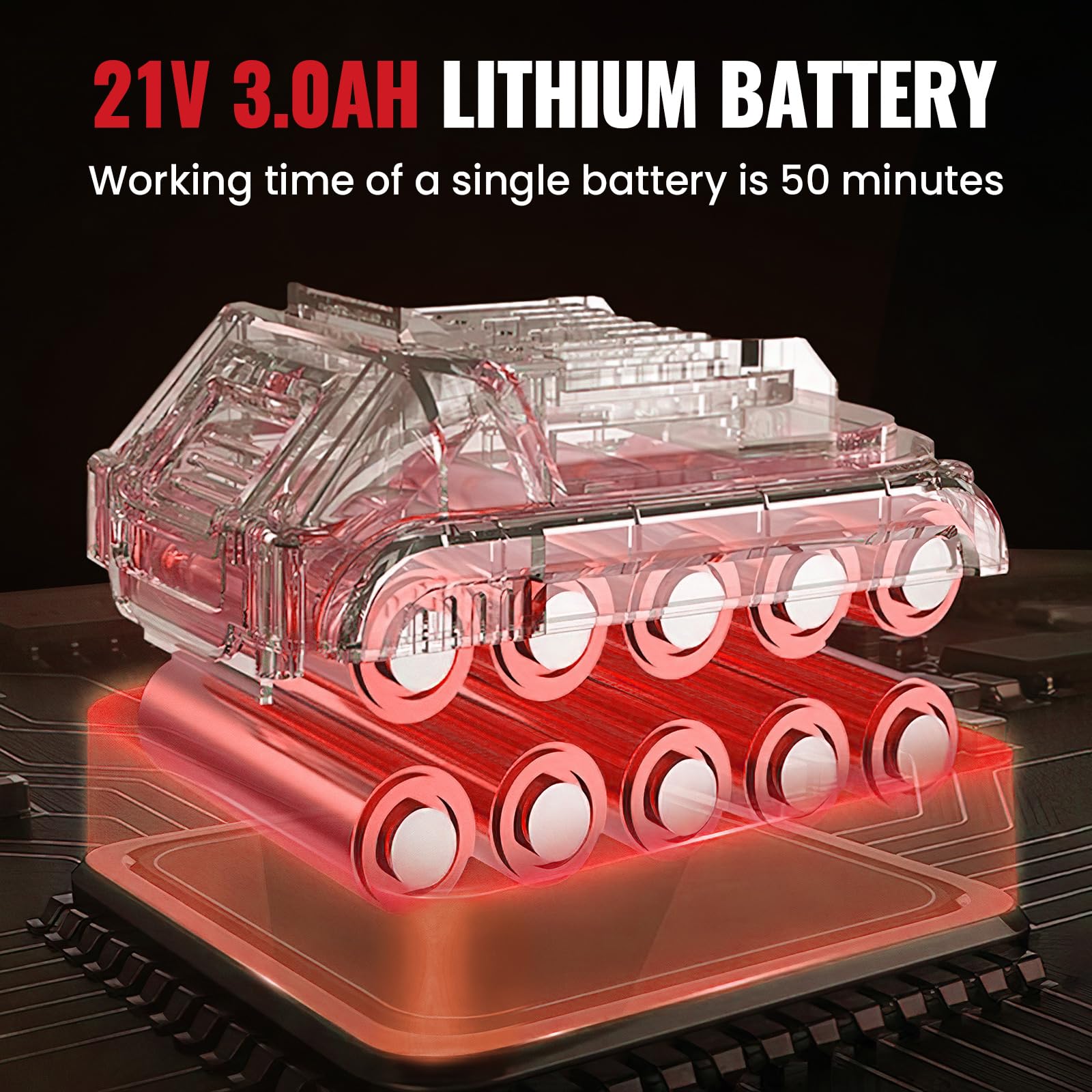 Desbrozadora Bateria 21V, Desbrozadora Electrica con 2 x 3.0Ah Baterías y 3 Cuchillas, Ruedas Desmontables, Varilla Telescópica, Cortacésped de Batería Plegable para Recortar Césped y Arbustos