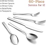 60-Piece Silverware Set, E-far Stainless Steel Flatware Set Service for 12, Tableware Cutlery Set for Home Restaurant Party, Dinner Forks/Spoons/Knives, Square Edge & Mirror Polished, Dishwasher Safe