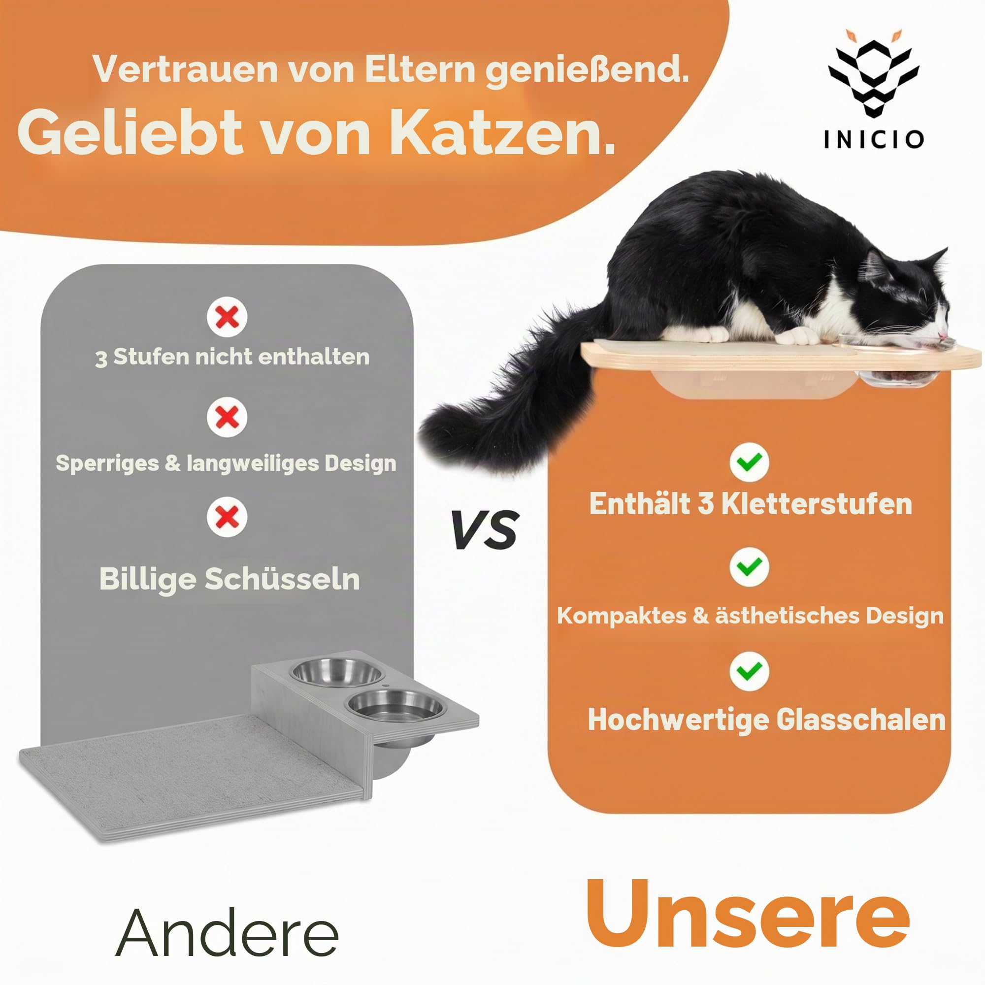 INICIO Katzenwandmöbel – Futterstation: Katzenwandregale & Stufen, Glasnäpfe, hundefest, modern, Birke, 3 Ebenen, 41,9 cm L x 32,5 cm B x 25,4 cm H