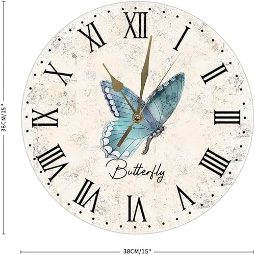 Miniatura 2 de Reloj de madera de mariposa antigua, reloj de pared redondo de 15 pulgadas, funciona con pilas, silencioso sin tictac, reloj de pared colgante para