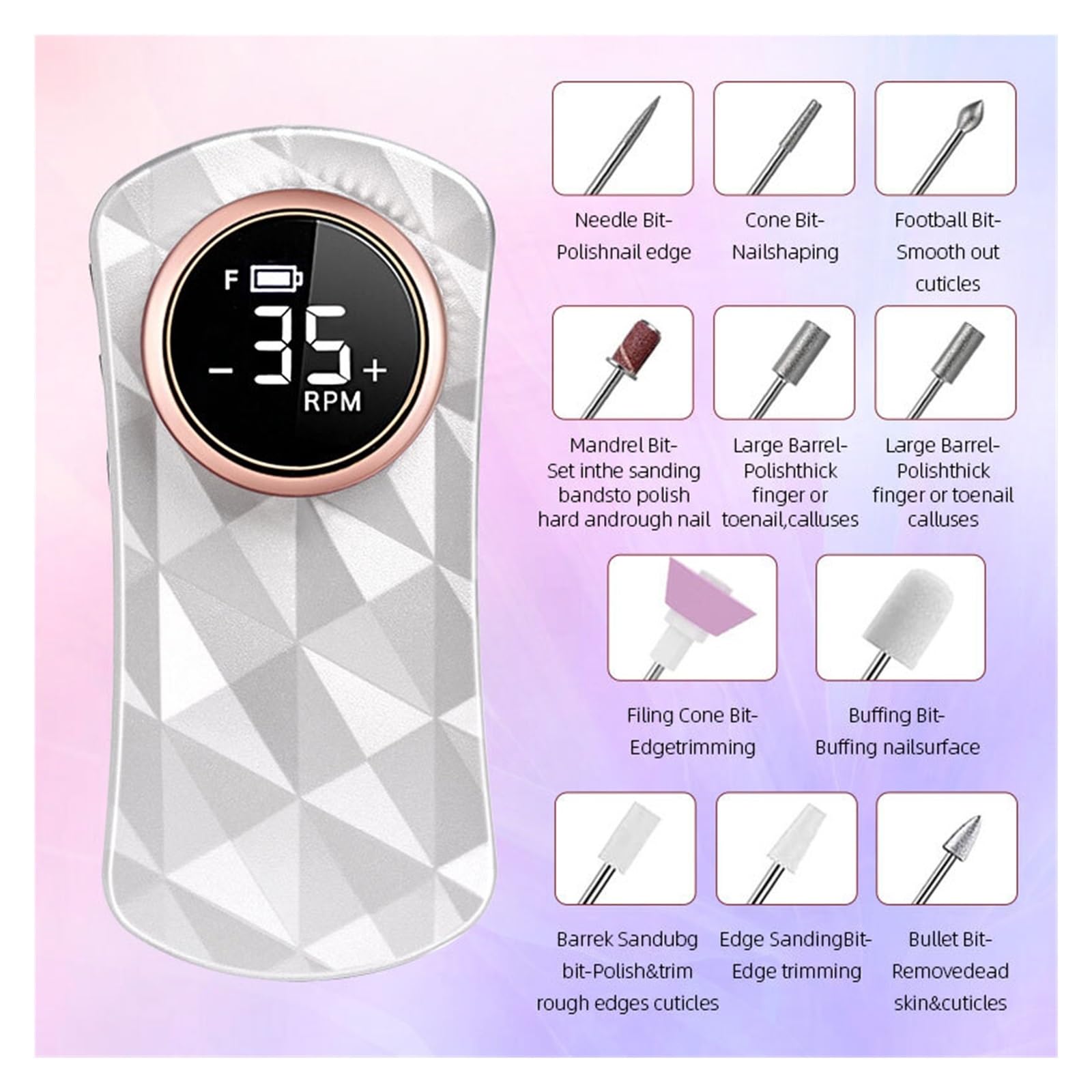 Torno para Uñas, Taladro de uñas de 35000RPM, lijadora de uñas eléctrica recargable, cortadora de fresado de máquina de manicura profesional for pulido de Gel(Bianco)