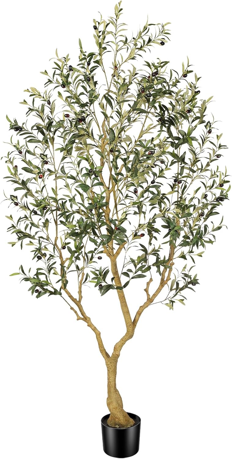 Faux Olive Tree 7FT, Olive Trees Artificial Indoor, Large Fake Tree with Realistic Leaves Branches and Lifelike Fruits for Home Office Living Room Decor