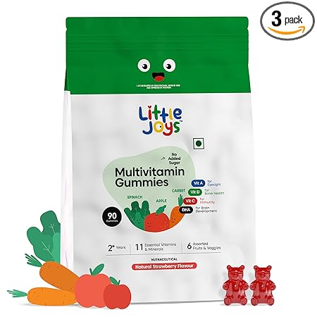 Little Joys Multivitamin Gummies Pouch for Kids (2-6 years) | 90 Gummies | No Sugar Added | Strawberry Flavour | Boosts Immunity, Bone Density & Eyesight