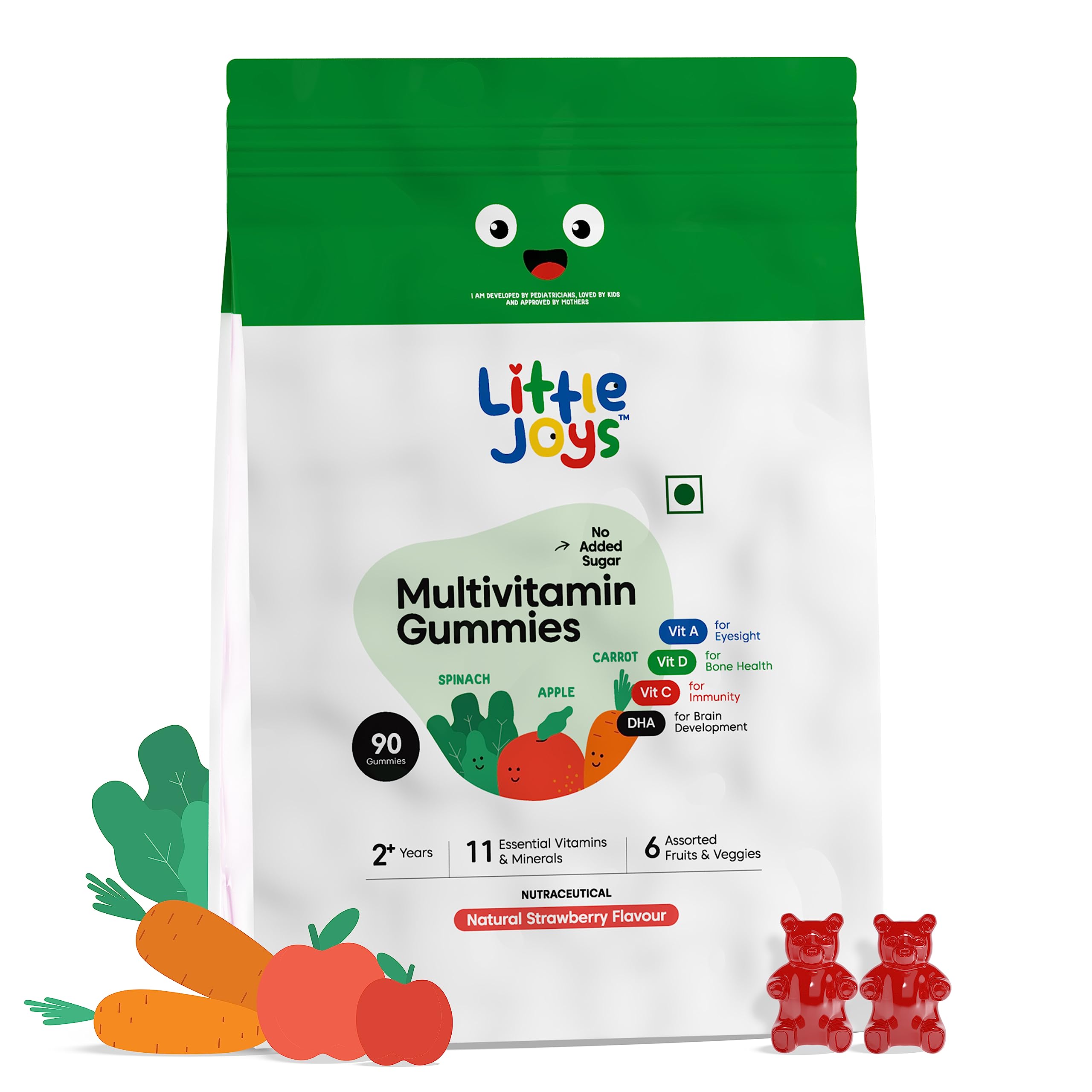 Multivitamin Gummies Pouch for Kids (2-6 years) | 90 Days Pack | No Sugar Added | Strawberry Flavour | Boosts Immunity, Bone Density & Eyesight