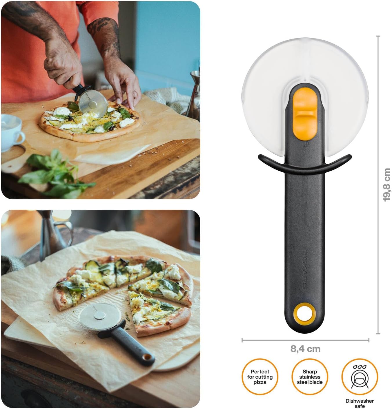 Fiskars Functional Form Pizza Cutter, Pizza Roller for Cutting Pizza and Dough, Protective Blade Cover, Stainless Steel Wheel/Plastic Handle, Black/Orange, 1079963