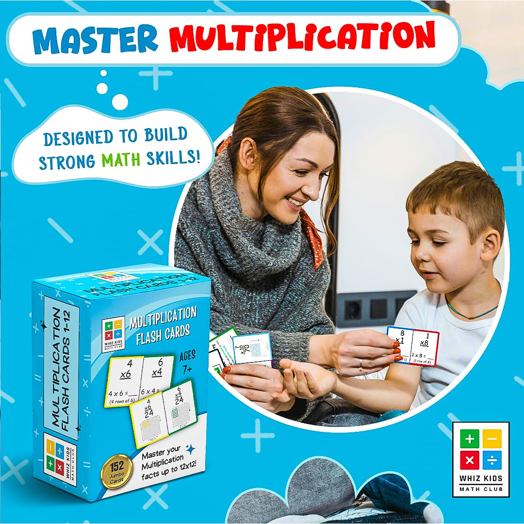 Tarjetas de multiplicación – Tarjetas flash coloridas jumbo de 6 x 4 pulgadas con imágenes visuales y propiedades de multiplicación – Herramienta educativa de matemáticas para que